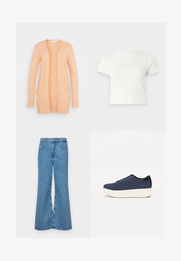 VILA VIRIL OPEN CARDIGAN - Adīta jaka - shell coral light melange; Īsa balta T-kreklā izgatavots no kokvilnas ar īsām piedurknēm, apaļu kakla izgriezumu un taisnu apakšu, piedāvā gludu tekstūru un minimālistisku dizainu.; Gaiši zili, platā piegriezuma džinsi, kas izgatavoti no denima, ar augstu jostasvietu, piecām kabatām un vienu pogu. Mīksta tekstūra ar nolietotu apdari.; Navy zilo apavi ar strukturētu auduma augšdaļu, baltu platformas zoli, noapaļotu pirkstu daļu un melnu papēža akcentu. Iekļautas sešas acs caurumi šnuķēšanai.
