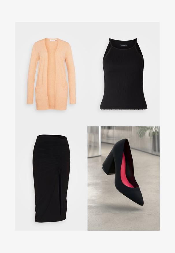 VILA VIRIL OPEN - Kardigan - shell coral light melange; Černý žebrovaný top na ramínka s krajkovým lemem na spodním okraji. Obsahuje tenké ramínka a přiléhavý střih. Vyrobeno z elastické látky.; Černá, řasená tužková sukně s detailem na zavazování a bočním rozparkem. Vyrobena z elastického materiálu s hladkou texturou a přiléhavým střihem.; Černá vysoká podpatková bota s špičatou špičkou, texturovaným povrchem a živým růžovým interiérem. Obsahuje masivní podpatek se stříbrným akcentem.