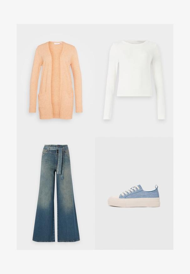 VILA VIRIL OPEN - Cardigan - shell coral light melange; White long-sleeve ribbed top with a crew neck. Smooth texture, fitted design, and no visible patterns or accents. Simple and minimalist style.; Wide-leg denim trousers featuring a light to dark blue gradient, high waist, belt loops, and a matching fabric belt. Textured denim finish.; Light blue canvas sneakers with a cream rubber toe cap and outsole, featuring white laces and a pull tab on the heel.