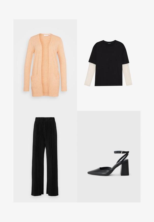 VILA VIRIL OPEN - Vesta na kopčanje - shell coral light melange; Crni majica od pamuka, s kratkim rukavima preko bijele dugorukave slojevite s suptilnim teksturiranim uzorkom. Dizajn s okruglim izrezom.; Crne plisirane hlače s elastičnim pojasom. Imaju široke nogavice i glatku, teksturiranu tkaninu s vertikalnim prugama.; Crne kožne cipele s špicastim vrhom, remenom oko gležnja i debelim potplatom. Ravna tekstura, elegantan dizajn i minimalistička estetika.