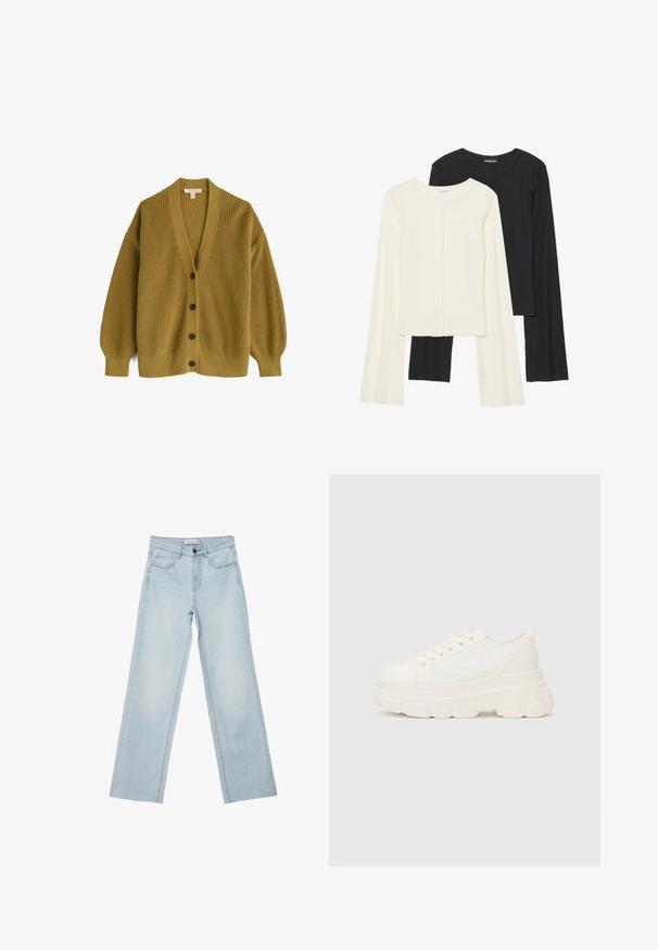 Mustardowy kardigan, prążkowana faktura, długie rękawy, dekolt w kształcie litery V, z pięcioma ciemnymi guzikami z przodu i luźnym krojem.; Zestaw dwóch bluzek z długim rękawem w kolorze białym i czarnym. Prążkowana struktura, okrągły dekolt, dopasowany fason z lekko rozszerzanymi rękawami.; Jasnoniebieskie dżinsy o szerokich nogawkach wykonane z denimu. Posiadają pięć kieszeni, zapięcie na guzik i przecierane detale. Klasyczny prosty krój z luźnym dopasowaniem.; Białe płócienne trampki z grubą podeszwą, okrągłym noskiem i pięcioma oczkami na sznurowadła. Tylny uchwyt ułatwiający zakładanie. Gładka faktura, minimalistyczny design.