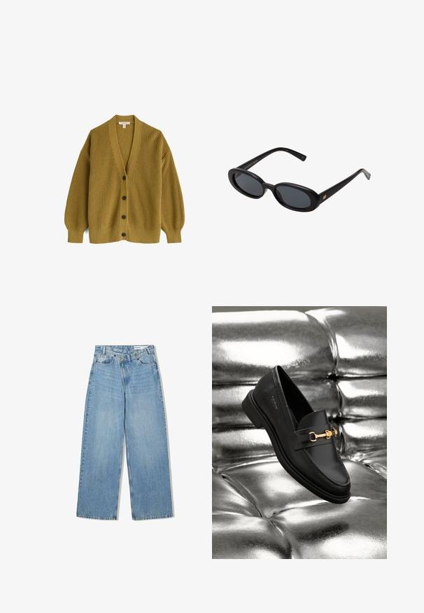Hořčicově zbarvený cardigan, žebrovaná textura, dlouhé rukávy, výstřih do V, s pěti tmavými knoflíky na přední straně a volným střihem.; Hladká bílá dlouhá košile s dlouhým rukávem, kulatým výstřihem, zobrazená zezadu, ležící na bílém pozadí.; Světlé modré široké džínové kalhoty vyrobené z denimu, s vysokým pasem, pěti kapsami, knoflíkovým zapínáním a jemným vyblednutím pro texturu.; Černé kožené loafery s detaily zlatého kovu. Obuv má elegantní design a hladký, lesklý povrch.; Černé oversized sluneční brýle s oválnými čočkami, hladkým plastovým rámem a zlatými akcenty na spáncích. Tmavé čočky poskytují ochranu před sluncem.