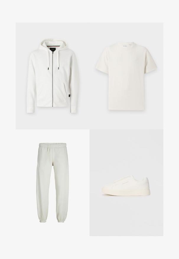 Felpa bianca con zip realizzata in tessuto morbido, dotata di cappuccio con cordino, due tasche frontali e un piccolo logo sul petto.; T-shirt bianca a maniche corte in texture a coste. Girocollo, vestibilità rilassata, senza modelli o accenti visibili. Design semplice e versatile.; Pantaloni tuta bianchi realizzati in tessuto morbido, dotati di vita e polsini elastici, con una texture liscia e una vestibilità ampia.; Sneakers bianchi slip-on con superficie texturizzata, suola spessa e design minimalista. Presentano il logo del marchio sul lato.