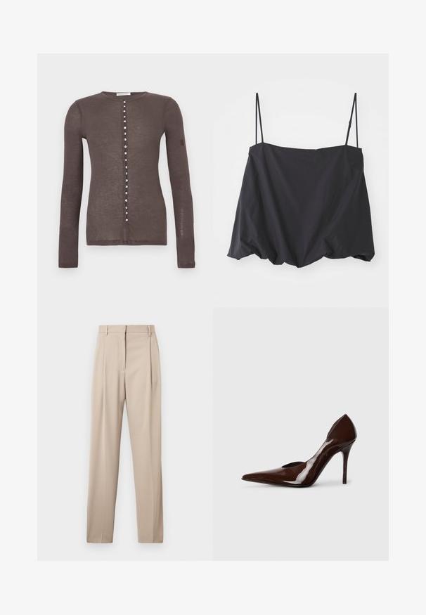 Brūns garām piedurknēm kardigans ar maziem baltiem pogām priekšpusē un apaļu apkakli.; Melnas bez piedurknēm blūze ar plānām siksniņām, brīva piegriezuma un savilkta apakšmala. Izgatavota no viegla auduma ar gludu tekstūru.; Bežīgas veidotas bikses ar taisnu kāju, ar krokām priekšpusē un jostas cilpām, izgatavotas no gludas auduma.; Brūni lakoti augstpapēžu apavi ar smailu purngalu un izgriezumiem sānos, ar plānu papēdi un gludu virsmu.