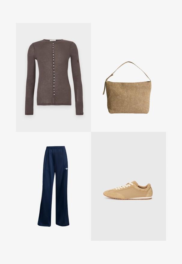 Brun långärmad kofta med små vita knappar längs fram och en rund halsringning.; Rak vit kortärmad t-shirt med rund halsringning och slim fit, lagd platt mot en vit bakgrund.; Marina blå träningsbyxor i ett mjukt tyg, med ett elastiskt midjeband och vit logodetalj på vänster höft. Rak ben-design.; Ljusbrun sneakers i mocka och tyg, med rund tå, vita snören och en gummisul med en texturerad yta.; Vävd beigemodell läderväska med en enkel axelrem, med rektangulär form och strukturerad yta. Justerbar remran inkluderad.