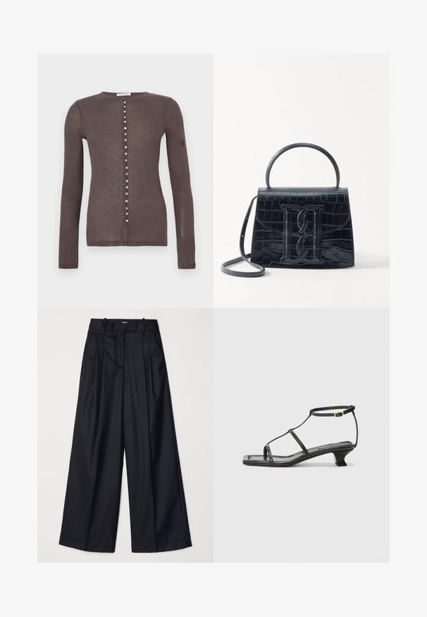 Rudas ilgomis rankovėmis kardiganas su mažais baltais mygtukais priekyje ir apvalia iškirpte.; Juodas raštuotas lieknas marškinėliai su apvalia iškirpte ir balta siuvinėta logotipu. Medžiaga yra glotni su pritaikytu siluetu.; Juodos plačios kojų kelnės, pagamintos iš lygaus audinio, su aukštu liemeniu, klostėmis ir pritaikytu dizainu. Paprasta juoda detalių sistema liemens srityje.; Juodas odinis sandalai su kvadratiniu pirštu, plonomis dirželiais, reguliuojamu kulkšnies dirželiu ir žemu kulnu. Yra nedidelis aukso akcentas ant dirželio.; Juodas krokodilo rašto odinis rankinės krepšys su struktūruotu dizainu, viršutine rankena, reguliuojamu dirželiu ir išsiskiriančiu priekinio logo detale.