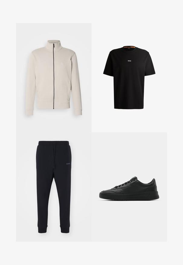 Lys beige zip-up jakke med høy krage, ribbestrikkede mansjetter og en liten logo på brystet. Myk stoff og strømlinjeformet design.; Svart bomull t-skjorte med rund hals, korte ermer og hvit "BOSS"-logo sentrert på brystet. Glatt tekstur, avslappet passform.; Sorte sweatsbukser laget av mykt materiale med elastisk midjebånd, snor og avsmalnende bein. Har et lite logo på siden.; Sorte sneakers med glatt skinnøvre, rund tå, flate lisser, polstret krage og minimalistisk design. Gummisåle med subtilt mønster.