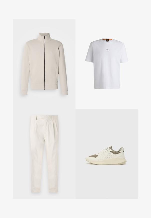 Svetlo béžová bunda na zips s vysokým golierom, rebrovanými manžetami a malým logom na hrudi. Mäkka tkanina a aerodynamický dizajn.; Biela bavlnená tričko s krátkymi rukávmi, na prednej strane so stredne umiestneným čiernym logom "BOSS" a okrúhlym výstrihom.; Biele plisované nohavice s prispôsobeným strihom, s hladkou textúrou, pútkami na opasok a zúženými nohavicami. Žiadne viditeľné vrecká ani vzory.; Biele a svetlo béžové športové tenisky s hornou časťou z mriežkového materiálu, perforovanými detailmi a textúrovanou medzipodrážkou s logom na päte.