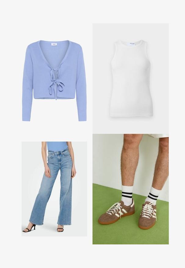 Svetlomodrý skrátený kardigan s dlhými rukávmi, rebrovanou textúrou, hlbokým V-výstrihom a zapínaním na prednej strane na viazanie. Na výstrihu je viditeľná značka "Saint".; Biely rebrovaný tielko s okrúhlym výstrihom a bezrukávovým strihom. Hladká textúra s priliehavým siluetom a bez viditeľných akcentov.; Svetlomodré denim nohavice so širokými nohavicami a vysokým pásom, s viditeľným šitím a klasickým dizajnom na päť vreciek. Skombinované s čiernymi sandálmi na opätku.; Hnedé zamatové tenisky s bielymi akcentmi a šnúrkami. Gumová podrážka. Nosené s bielymi ponožkami so čiernymi pruhmi. Zelená textúrovaná podlaha.