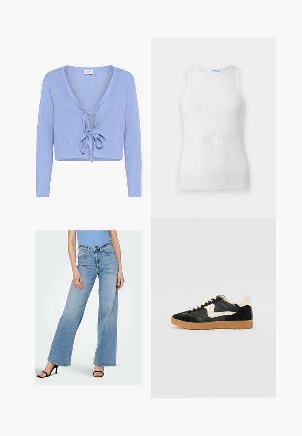 Svijetloplavi skraćeni kardigan s dugim rukavima, rebrastom teksturom, dubokim V-izrezom i kopčanjem sprijeda. Brend oznaka "Saint" vidljiva je na izrezu.; Bijela rebrasta majica bez rukava s okruglim izrezom. Glatka tekstura s oblikovanim krojem i bez vidljivih dodataka.; Svijetloplave traper široke hlače s visokim strukom, s vidljivim šavovima i klasičnim dizajnom s pet džepova. U paru s crnim sandalama na visoku petu.; Crna nubuk i kožna tenisica s kremastim bočnim swooshom i svijetlom kremastom petom. Sadrži bež vezice i gumu na potplatu.