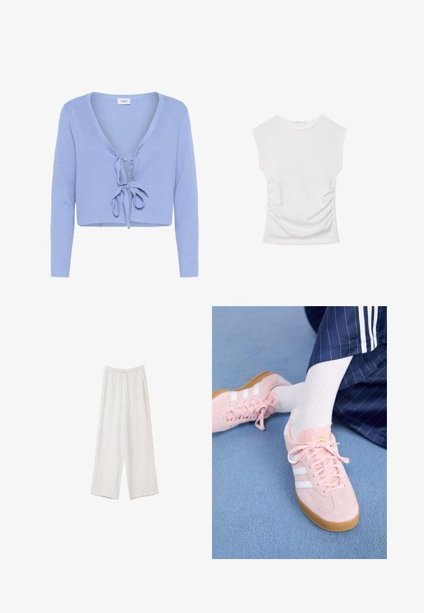 Jasnoniebieski krótki kardigan z długimi rękawami, prążkowaną teksturą, głębokim dekoltem w kształcie litery V i zapięciem na kokardę z przodu. Logo marki "Saint" widoczne przy dekolcie.; Biały bezrękawnik z okrągłym dekoltem i delikatnym marszczeniem po bokach, ułożony płasko na białym tle.; Białe spodnie o szerokich nogawkach wykonane z lekkiego materiału. Posiadają elastyczny pas z sznurkiem i boczne kieszenie. Gładka tekstura.; Jasnoróżowe zamszowe sneakersy z białymi paskami i sznurówkami, z teksturowanym językiem i gumową podeszwą, umieszczone na niebieskim dywaniku.