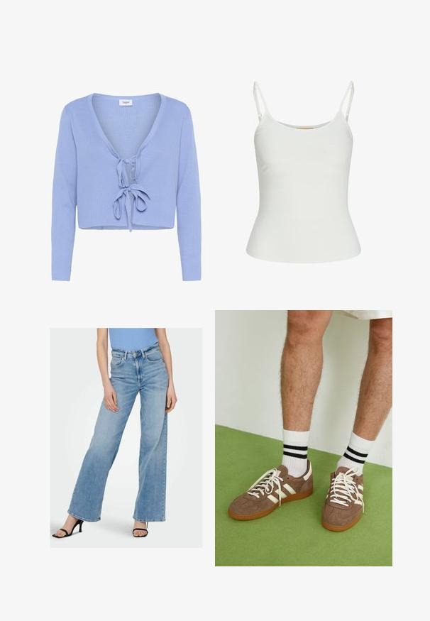 Hellblaues, kurzes Strickjacke mit langen Ärmeln, gerippter Textur, tiefem V-Ausschnitt und vorderem Bindeband. Markenetikett "Saint" sichtbar am Ausschnitt.; Weißes ärmelloses Oberteil mit verstellbaren Trägern, taillierter Passform, glattem Stoff und rundem Ausschnitt. Keine Muster oder Hardware-Details.; Hellblaue Jeans im weiten Schnitt mit hoher Taille, sichtbar genäht und mit klassischem Fünf-Taschen-Design. Kombiniert mit schwarzen Riemchen-Absätzen.; Braune Wildleder-Sneaker mit weißen Akzenten und Schnürsenkeln. Gummisohle in Kautschuk-Optik. Getragen mit weißen Socken, die schwarze Streifen haben. Grüner strukturierter Fußboden.
