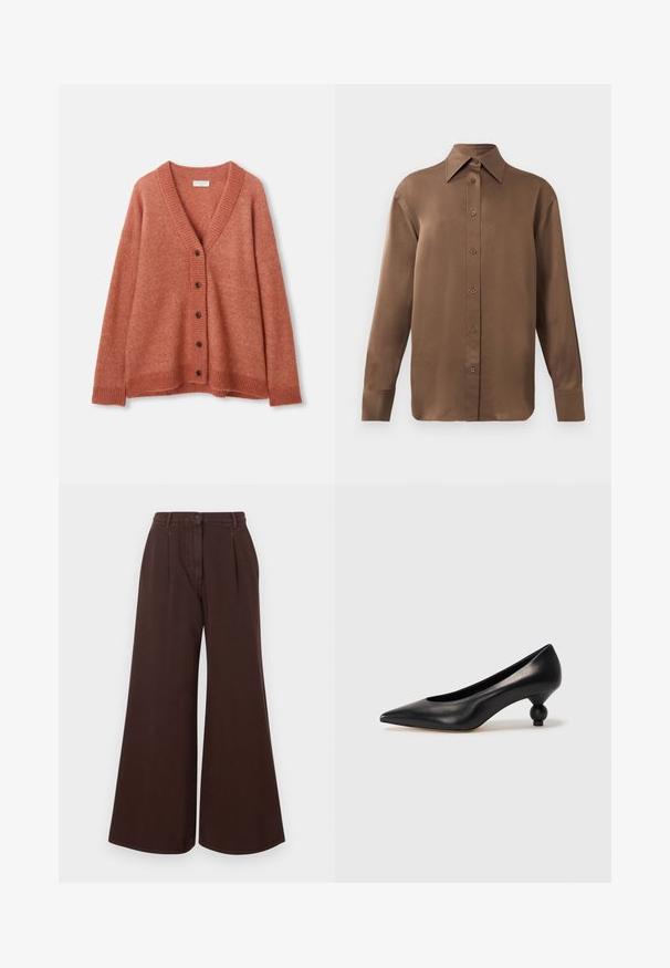 Rudo spalvos vilnos kardiganas su V formos iškirpte, penki tamsūs mygtukai priekyje, susiūtos rankovės, apatinė dalis ir kaklas.; Ruda ilgų rankovių marškiniai su sagomis ir smailiais apykakle bei rankogaliais, išdėstyti prieš paprastą baltą foną.; Aukšto juosmens platėjančios rudos kelnės su mygtuku ir užtrauktuku, dirželių kilpomis ir priekinėmis raukšlėmis.; Juoda odinė aukštakulnė bateliai su smailiu pirštu ir apvaliu, iškiliu kulnu. Lygus paviršius su elegantišku, minimalistiniu dizainu.