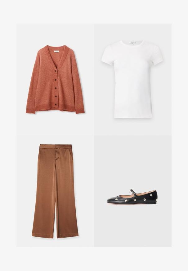 Rudo spalvos vilnos kardiganas su V formos iškirpte, penki tamsūs mygtukai priekyje, susiūtos rankovės, apatinė dalis ir kaklas.; Balta, raibota trumpa rankovėmis marškinėliai su apvaliu kaklu. Audinys atrodo lygus ir prigludęs. Prekės ženklo etikete matoma prie apykaklės.; Rudos platūs kelnės, pagamintos iš satino, su šoninėmis kišenėmis, lygia tekstūra ir pritaikyta liemens juosta, užtikrinančia struktūrizuotą prigludimą.; Juodų odinių Mary Jane plokščių batų su apvaliu pirštu, papuoštų sidabriniais apvaliais nagais ir reguliuojamu dirželiu su sagtimi.