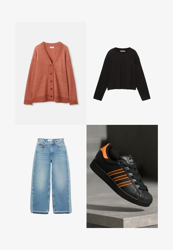 Roestkleurige wollen cardigan met V-hals, vijf donkere knopen aan de voorkant, geribde manchetten, onderrand en halslijn.; Zwarte lange mouwen cropped shirt gemaakt van zachte katoen. Heeft een ronde halslijn en een losse pasvorm met verlaagde schouders. Geen zichtbare patronen of accenten.; Lichtblauwe wijde denim jeans met een hoge taille, knoopsluiting, voorzakken en een onafgewerkte zoom.; Zwarte sneaker met oranje accenten, drie horizontale strepen, bovenwerk van textuurlak, rubberen neuzen en zwarte veters.