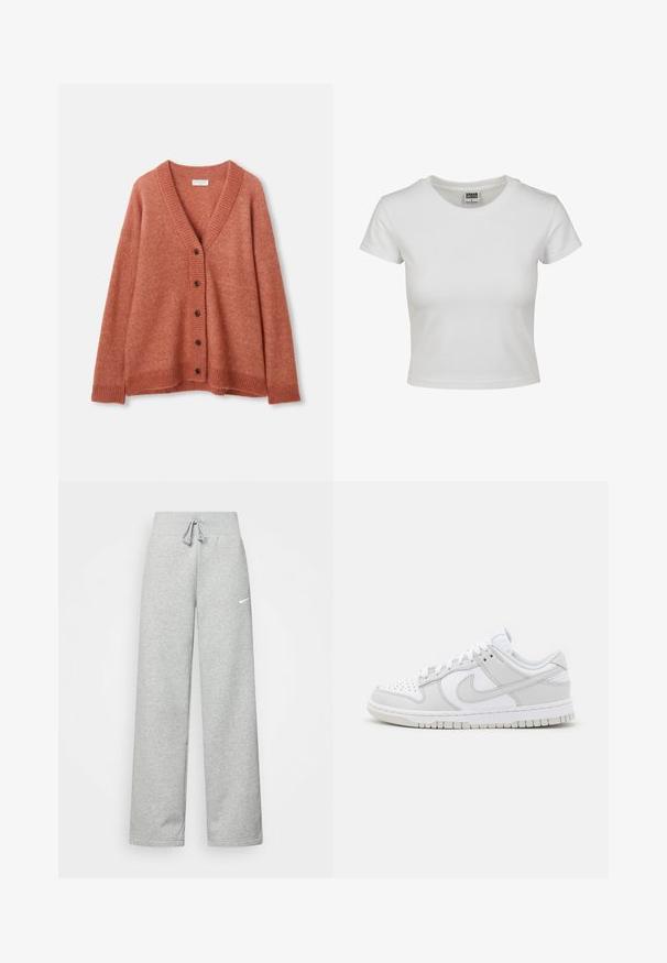 Rdzawobrązowy kardigan wełniany z dekoltem w kształcie V, z pięcioma ciemnymi guzikami z przodu, ściągaczami przy mankietach, dolnej krawędzi i dekolcie.; Biała bawełniana koszulka z klasycznym okrągłym dekoltem, krótkimi rękawami i dopasowanym krojem. Brak widocznych wzorów lub akcentów.; Szare dresy z elastycznym pasem, szczegóły ze sznurkiem i małym białym logo Nike na lewej udzie. Miękka tkanina, luźny krój.; Białe skórzane trampki z szarymi akcentami, perforowanym noskiem, płaskimi sznurowadłami, wyściełanym kołnierzem i teksturowaną gumową podeszwą.