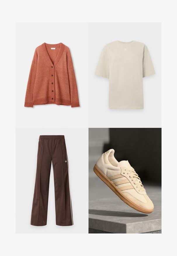 Rostpunane villane kardigan V-kaelusega, viie tumeda nööbiga ees, soonikkoes mansetid, hem ja kaelus.; Beež lühikeste varrukatega t-särk, valmistatud puuvillast, ümara kaelusega ja väikese valge Adidas logo rinnale trükitud. Pehme tekstuur, lõdvestunud istuvus.; Pruunid sportpüksid laiade säärtega, valgete küljeribadega, elastse vöökohaga ja kahe küljetaskuga. Jalal on väike logo.; Hele beeži sueded spordijalatsid, millel on kummist välistald, kolm diagonaalset triipu ja tekstuuriga varvaste katus. Omab logo keelel ja külgedel.