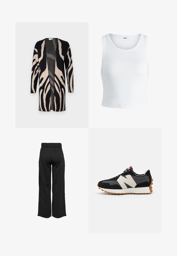 Lang cardigan laget av mykt stoff, med et svart og beige zebra mønster. Åpen frontdesign, med lange ermer og en avslappet passform.; Hvit ribbestrikket tank topp med rund hals, uten ermer og croppe lengde. Merket leser "JJXX." Glatt stoff tekstur.; Svarte, vide bukser med elastisk midje, laget av glatt stoff. Har et rent design uten lommer eller synlige sømmer.; Sorte og grå sued sneakers med et stort cremefarvet "N" logo, lilla snørebånd og en tekstureret gummisål.