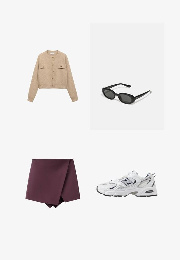 Beige stickad kofta med rund hals, långa ärmar och två bröstfickor. Har knäppning med knappar samt ribbade ärmslut och nederkant.; Vit långärmad skjorta med krage, knappstängning fram, två bröstfickor, rak fåll och lätt utsvängda ärmar gjord av slät tyg.; Mörklila asymmetrisk minikjol med design som har en omslag framtill och en slät tygstruktur.; Vit sportskor med överdel i mesh, marinblå accenter och dämpad sula. Har "N"-logotyp, snörning och texturerad detalj på sidan.; Svarta solglasögon med ovala linser, glansigt plastbåge och smala armar. Har Ray-Ban-logotypen i vitt på sidan.