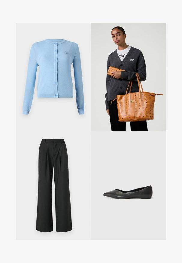 Jasnoniebieski kardigan wykonany z miękkiego prążkowanego materiału. Ma długie rękawy, okrągły dekolt oraz zapięcie na guziki z małą naszywką z logo.; Biała bawełniana koszulka z małym czarnym logo z skrzydłami i napisem "MCM" na przedniej części. Krótkie rękawy i klasyczny dekolt.; Won Hundred CAMILLE czarny; Czarne skórzane baletki z ostrym noskiem, niskim obcasem i gładką fakturą. Minimalistyczny design z subtelnym akcentem po boku.; Kobieta ubrana w ciemnoszary kardigan i białą koszulę, trzymająca jasnobrązową skórzaną torbę oraz pasujący portfel z nadrukiem logo.; Skórzany portfel w kolorze jasnobrązowym z czarnymi logo MCM, z zapięciem na klapkę i akcentami w diamentowy wzór. Teksturowana powierzchnia z przeszytymi brzegami.