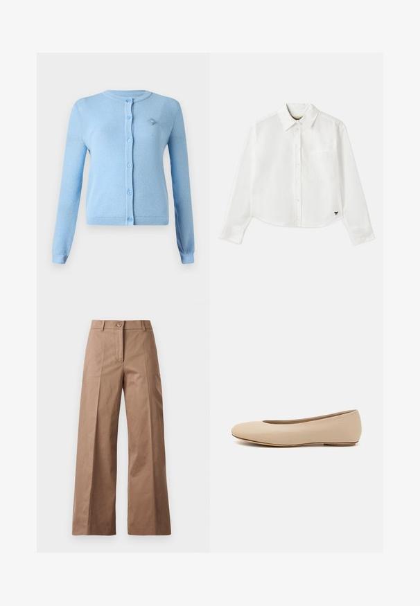 Svetle modrý kardigán vyrobený z měkkého žebrovaného materiálu. Má dlouhé rukávy, kulatý výstřih a zapínání na knoflíky s malou nášivkou loga.; Bílá zkrácená košile s dlouhým rukávem vyrobená z bavlny. Má zapínání na knoflíky vpředu, náprsní kapsu a malé černé logo na dolním levém rohu.; Hnědé kalhoty s širokými nohavicemi vyrobené z hladké tkaniny, s předním zapínáním na knoflík, dvěma předními kapsami a čistými, dobře střiženými liniemi.; Béžové kožené baletní byty s kulatou špičkou, minimálním prošíváním, nízkým podpatkem a decentním logem na zadní straně. Hladký, matný povrch.