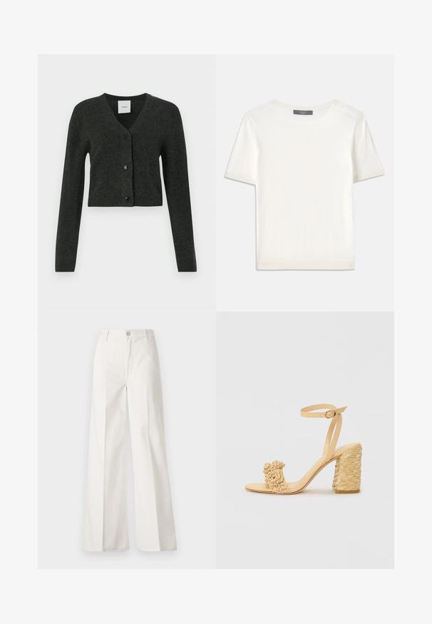 Cardigan cropped a maniche lunghe di colore grigio scuro, con scollatura a V e tre bottoni neri sul davanti.; Top corto a maniche corte di colore bianco, in maglia, con scollatura rotonda. Presenta una texture liscia e accenti a coste sottili sulle maniche e sull'orlo.; Pantaloni bianchi a gamba larga realizzati in cotone con una texture liscia. Presentano un bottone anteriore, una zip e un design a quattro tasche.; Sandalo beige con tacco alto e texture intrecciata, dotato di un fiore decorativo e di una cinghia alla caviglia. Il tacco quadrato offre stabilità.