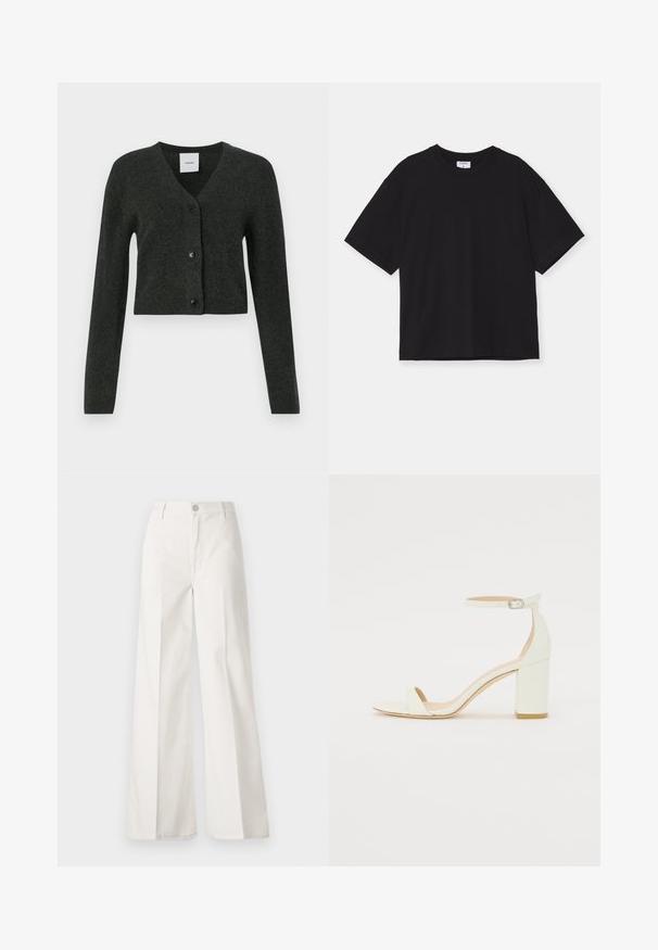 Dunkelgraue langärmelige kurz geschnittene Strickjacke mit V-Ausschnitt und drei schwarzen Knöpfen an der Front.; Schwarzes kurzärmeliges T-Shirt aus Baumwolle. Es hat eine lockere Passform, einen runden Halsauschnitt und keine sichtbaren Muster oder Verzierungen.; Weiße weite Hosen aus Baumwolle mit glatter Textur. Sie verfügen über einen vorderen Knopf, einen Reißverschluss und ein Design mit vier Taschen.; Weißes Leder-Sandale mit Blockabsatz, die ein Knöchelriemen mit einer Schnalle und ein minimalistisches Design aufweist. Offene Zehen und glatte Texturen im gesamten Design.