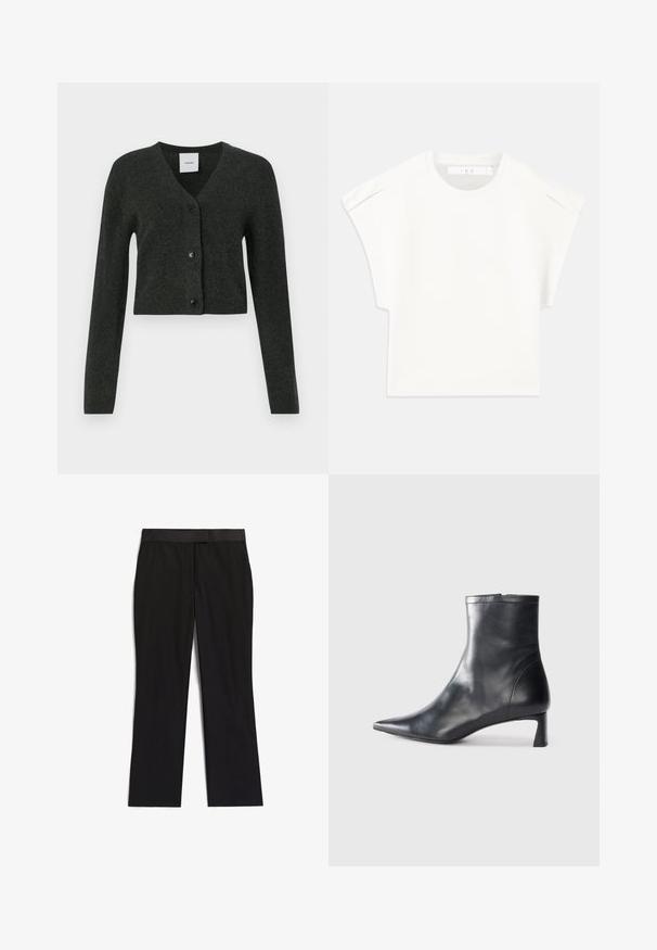 Dunkelgraue langärmelige kurz geschnittene Strickjacke mit V-Ausschnitt und drei schwarzen Knöpfen an der Front.; Weißes, kastig geschnittenes T-Shirt mit kurzen Ärmeln. Hergestellt aus glattem Stoff, mit Rundhalsausschnitt und dezenten Schulterakzenten. Einfaches Design.; Schwarze Hose mit glatter Textur, gerader Beinform, flachem Bund und ohne sichtbare Beschläge oder Muster.; Schwarze Lederstiefelette mit spitzer Zehe und schlankem Design. Verfügt über einen niedrigen Absatz und einen Reißverschluss hinten. Glatte Textur.