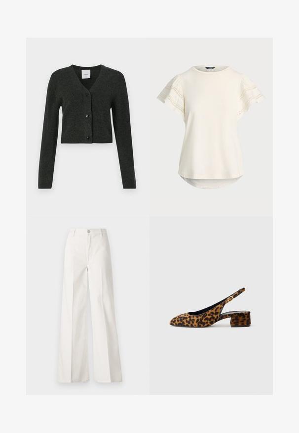 Tumehall pikkade varrukatega lühike kardigan V-avaga ja kolme musta nupuga ees.; Heled kreemjas lühikeste käistega topp, millel on pitsdetailid varrukatel, ümmargune kaelus ja veidi kaardus hem, mis tagab mugava istuvuse. Pehme kanga tekstuur.; Valged laiade jalgadega püksid, mis on valmistatud siledast puuvillast. Omab esitallist ning lukuga sulgemist ja nelja tasku disaini.; Naiste leopardimustriga slingback-kingad madala blokkninahaga ja kuldse klambriga külgjah. Kujutatud külgprofiilis lihtsal taustal.