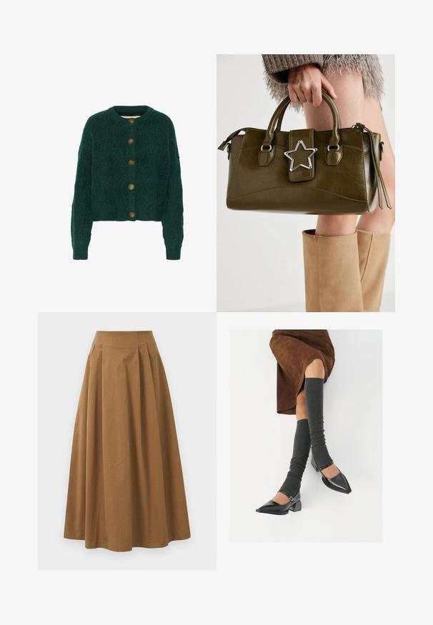 Zelený pletený kardigán s textúrovaným vzorom, okrúhlym výstrihom a piatimi hnedými gombíkmi na prednej strane. Skrátená dĺžka, ribbové manžety.; Biela košeľa s gombíkmi vyrobená z hladkej bavlny, s klasickým golierom, dlhými rukávmi a zakriveným lemom. Gombíky sú malé a biele.; Hnedá bavlnená sukňa A-línie s vysokým pásom, so skladmi vpredu a hladkou textúrou. Hranice sú čisté a jednoduché.; Čierne lakované kožené topánky s špicatou špičkou, blokovým podpätkom a členkovým remienkom, ktoré sú kombinované so šedými rebrovanými legínami a hnedou zamšovou sukňou.; Olive zelená kabelka z faux kože s striebornou hviezdou, dvojitými uchami a zipsovým uzáverom. Textúrovaný povrch a štruktúrovaný tvar.
