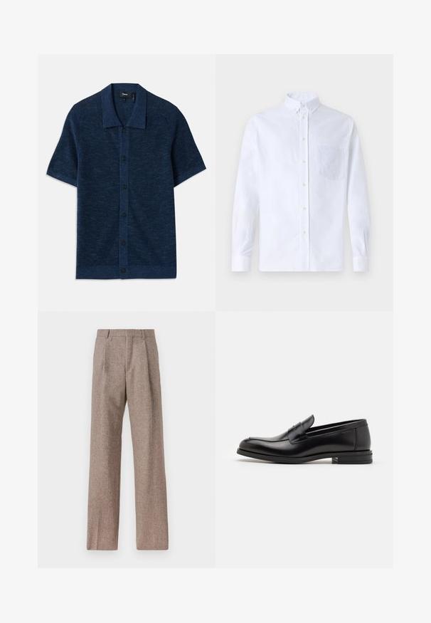 Kurzärmliges navyblaues Strickhemd mit flachem Kragen, ausgestattet mit einer Knopfverschluss und feiner Textur. Betont durch fünf schwarze Knöpfe.; Weißes Langarm-Hemd mit Knöpfen aus Baumwolle, ausgestattet mit einer Brusttasche mit tonalem Stickerei, einem Kragen und Knopfmanschetten.; Braune, hochtaillierte Hose aus strukturiertem Stoff. Mit weitem Bein und zwei vorderen Bügelfalten für zusätzliche Form. Saubere Verarbeitung ohne sichtbare Hardware.; Schwarze Lederloafers mit glatter Textur, rundem Zehenbereich und einem dekorativen Riemen über dem Vorderfuß. Niedriger, gestapelter Absatz, minimalistisches Design.