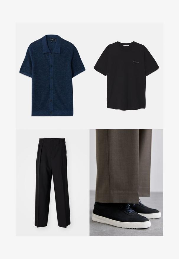 Krašu krekls ar īsām piedurknēm, tumši zils, ar plakanu apkakli, kas ir aprīkots ar pogu aizdari un smalku tekstūru. Izceltas ar piecām melnām pogām.; Melnas kokvilnas T-krekls ar apaļu kaklu, īsām piedurknēm un baltu logotipa uzdruku kreisajā krūtī. Vienkāršs, vienkrāsains dizains.; Melnas plisētās bikses ar taisnu, plata kāja dizainu. Izgatavotas no gludas auduma, ar pogu aizdari un jostas cilpiņām.; Melni zamšaini sporta apavi ar baltām gumijas zolēm, ar noapaļotu purngalu un auklām, valkāti ar pelēkiem piegrieztiem biksēm.