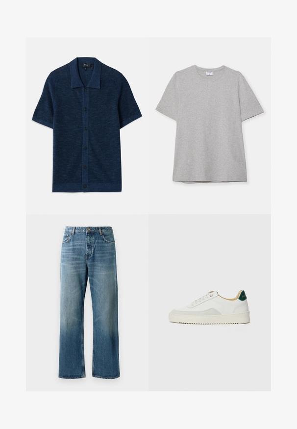 Camiseta de malha azul marinho de mangas curtas com colarinho plano, apresentando um fecho em botão e um tecido de textura fina. Acentuada com cinco botões pretos.; T-shirt cinza de mangas curtas feito de um tecido macio e texturizado. Possui um colarinho clássico redondo e uma bainha reta, adequado para uso casual.; Calças de ganga de perna larga em azul claro com um efeito desgastado, apresentando fecho de botão único, cinco bolsos e costuras em contraste.; Tênis brancos com detalhes em camurça, bico arredondado, atacadores planos e sola de borracha creme. Apresenta uma marcação verde no calcanhar.
