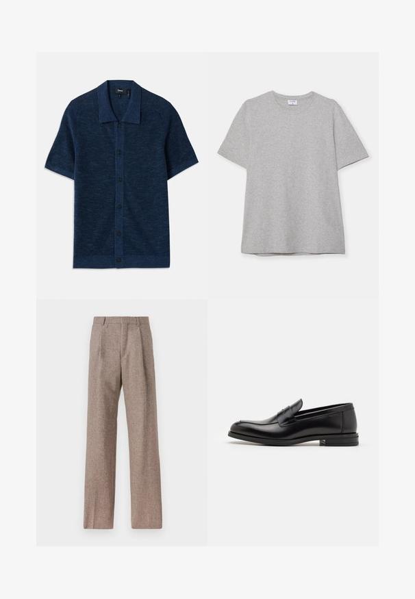 Kék, rövid ujjú kötött póló lapos gallérral, gombos záródással és finom textúrájú anyaggal. Öt fekete gomb díszíti.; Szürke, rövid ujjú póló, puha, texturált anyagból készült. Klasszikus környakú és egyenes fazonú, alkalmas hétköznapi viseletre.; Barna, magas derekú nadrág texturált anyagból. Széles szárai és két elülső redője biztosítja a struktúrát. Ízléses kivitel, látható fémszerelés nélkül.; Fekete bőr loaferek sima textúrával, kerek orral és dekoratív pánttal a vampnál. Alacsony, rétegelt sarkú, minimalista dizájn.
