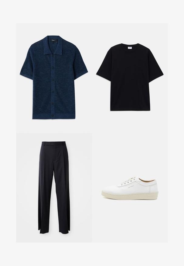 Kék, rövid ujjú kötött póló lapos gallérral, gombos záródással és finom textúrájú anyaggal. Öt fekete gomb díszíti.; Fekete, rövid ujjú, oversize póló kerek nyakkivágással és látható Filippa K márkacédulával a gallér belső részén.; Fekete, magasan ültetett nadrág, széles szárai vannak, sima anyagból készült. Elülső redők és övhurkok jellemzik. Minimalista dizájn, látható fémalkatrészek nélkül.; Fehér bőr sportcipő textúrázott felülettel, kerek orral, bézs gumitalppal és hat szürke fűzőlyukkal, melyen diszkrét logó található az oldalon.
