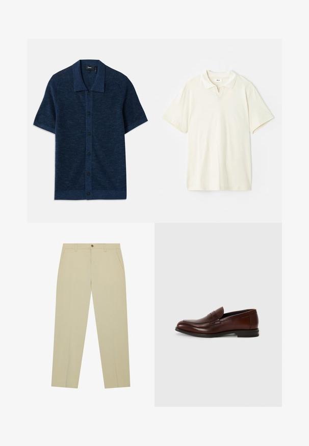 Kék, rövid ujjú kötött póló lapos gallérral, gombos záródással és finom textúrájú anyaggal. Öt fekete gomb díszíti.; Krém színű póló ing klasszikus gallérral, rövid ujjal és enyhe V-nyakkivágással. Sima textúra és minimális dizájn.; Vajszínű, könnyű pamut anyagból készült chino nadrág, egyenes szárú kialakítással, elöl zsebekkel és egy gombos derékzárral.; Barna bőr loaferek lekerekített orral, elülső pánt részlettel és alacsony, stílusos sarokkal. Sima textúra minimális díszítéssel.