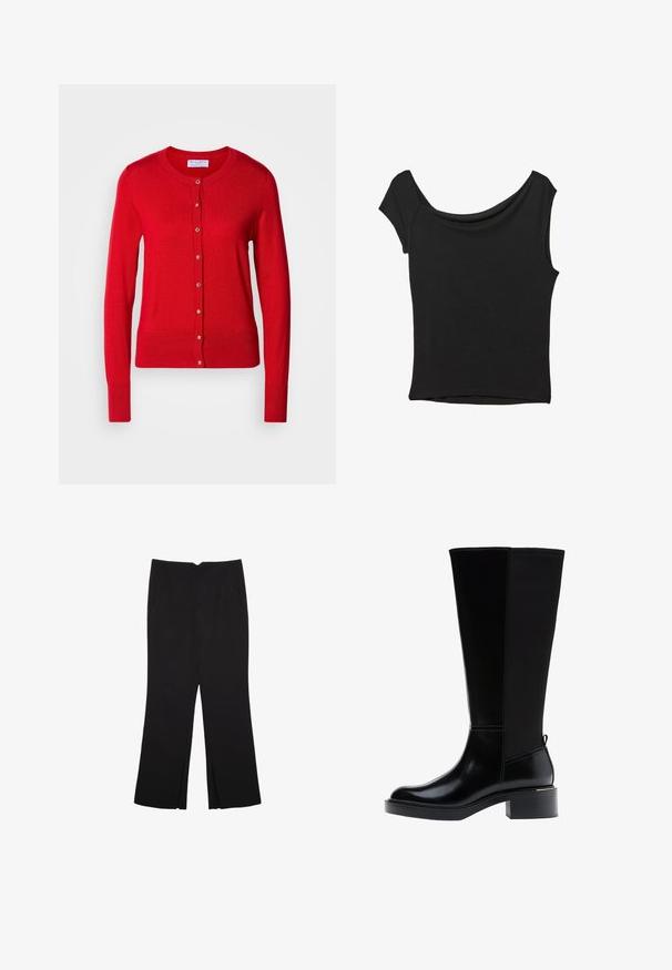 Punainen neulekortti, jossa on pyöreä kaula-aukko, napitus edessä ja ribbireunat. Ominaisuuksiin kuuluu sileä pinta ja metalliset napit.; Musta lyhythihainen paita, joka on valmistettu sileästä kankaasta; siinä on laskeutuva kaula-aukko ja epäsymmetrinen helma, sekä istuva malli.; Mustat housut suoralinjaisella leikkauksella, joissa on etutaskut ja sivurei'ät helman alla. Valmistettu pehmeästä ja sileästä kankaasta. Sopii eri tilaisuuksiin.; Musta polven korkeudelle ulottuva saapas, jossa on sileä nahkapinta, näkyvät saumat, mahtava korko ja teksturoitu takapaneeli lisäyksinä.