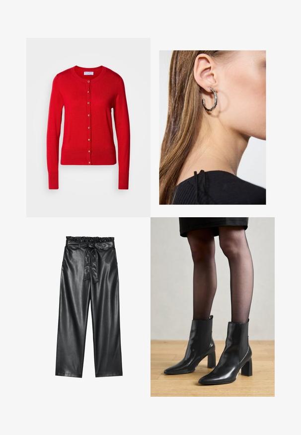 Cardigan en tricot rouge avec un col rond, fermeture à boutons sur le devant et poignets côtelés. Caractérisé par une texture lisse et des accents de boutons métalliques.; Blouse blanche à manches longues avec un col classique, fermeture à boutons sur le devant et détail froncé sur le côté. Tissu lisse avec une coupe ajustée.; Pantalons larges en simili cuir noir avec une taille élastiquée à volant et une ceinture à nouer amovible. Texture lisse et éclat minimal.; Bottines en cuir noir avec un bout pointu, un talon carré épais et un design élégant. Présente des panneaux latéraux élastiques pour un enfilage facile.; Boucle d'oreille en argent avec une finition polie, présentant de petits détails en or et de forme ronde, portée sur le lobe.