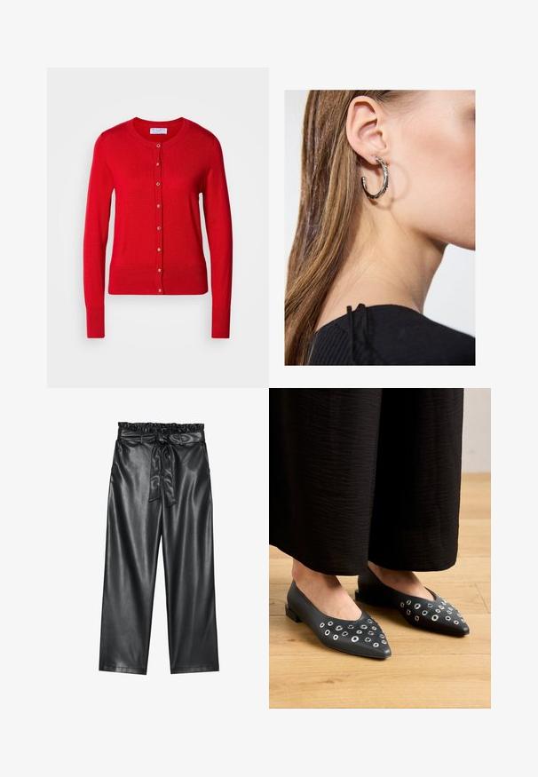 Rote gestrickte Strickjacke mit Rundhalsausschnitt, Knopfverschluss an der Vorderseite und gerippten Bündchen. Besitzt eine glatte Textur und metallische Knopfdetails.; Weiße Bluse mit langen Ärmeln, klassischem Kragen, vorderer Knopfleiste und gerafftem Seitendetail. Glattes Material mit taillierter Form.; Schwarze weite Hosen aus Kunstleder mit einem elastischen, rüschierten Bund und einem abnehmbaren Bindegürtel. Glatte Textur und minimaler Glanz.; Schwarze Lederballerinas mit spitzem Zehenbereich, die mit Metallösen in verschiedenen Größen verziert sind, sowie einem niedrigen, quadratischen Absatz. Glatte Textur auf Holzboden.; Silberne Creolen mit polierter Oberfläche, die kleine goldene Akzentdetails und eine runde Form aufweisen, am Ohrläppchen getragen.