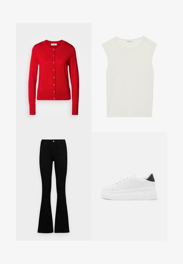 Red knit cardigan with a round neckline, button front closure, and ribbed cuffs. Features a smooth texture and metallic button accents.; White sleeveless top with a round neckline. Made of smooth fabric, it features a relaxed fit and minimalist design. No patterns or accents.; Black high-waist jeans with a button and zip closure, front pockets, and flared legs laid flat on a white background.; White platform sneakers made of smooth synthetic material, featuring a rounded toe, lace-up design, and a textured rubber sole. Black heel accent.