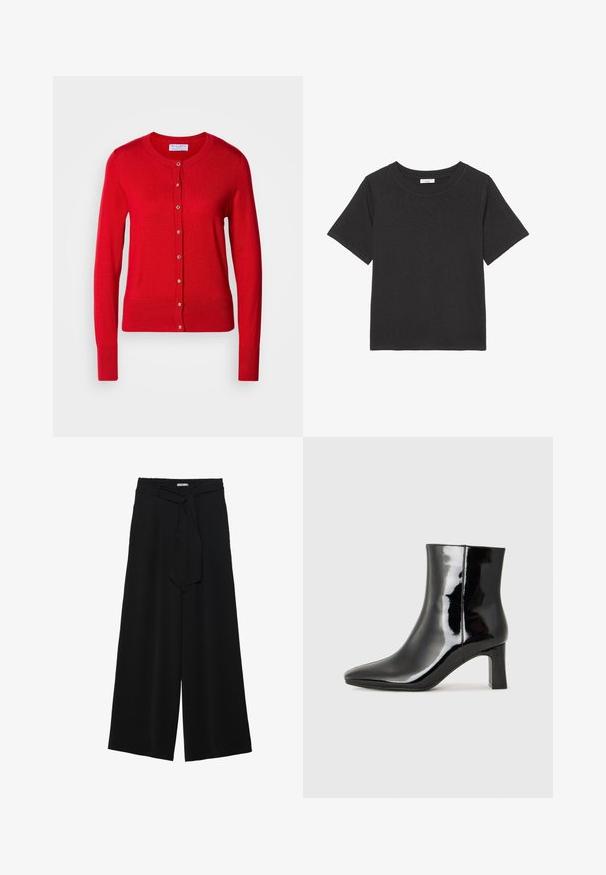 Cardigan de malha vermelha com decote redondo, fecho com botões na frente e punhos canelados. Apresenta uma textura suave e detalhes em botões metálicos.; T-shirt preta feita de tecido macio, com gola redonda e mangas curtas. O design é simples, sem padrões ou acentos visíveis.; Calças largas pretas com um tecido texturizado, uma cintura elástica e um laço destacável na cintura para um ajuste ajustável.; Botim de tornozelo em pele sintética preta com bico apontado e salto bloco de altura média. Textura suave e design minimalista.