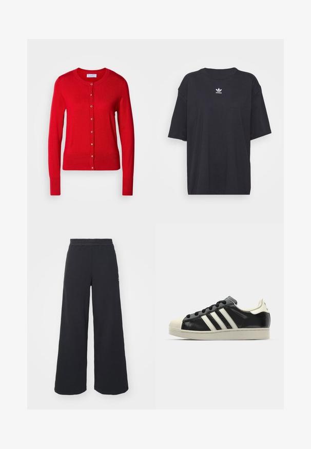 Rote gestrickte Strickjacke mit Rundhalsausschnitt, Knopfverschluss an der Vorderseite und gerippten Bündchen. Besitzt eine glatte Textur und metallische Knopfdetails.; Schwarzes Baumwoll-T-Shirt mit kurzen Ärmeln, rundem Halsausschnitt, mit einem weißen Adidas-Logo auf der Brust. Einfaches Design, lockere Passform.; Schwarze weite Sweatpants aus weichem Material, mit einem elastischen Taillenbund und einem kleinen Logo auf der linken Seite.; Schwarze Ledersneaker mit weißen Streifen, Gummikappe, schwarzen Schnürsenkeln und einer cremefarbenen Sohle. Glatte Textur mit glänzender Oberfläche.