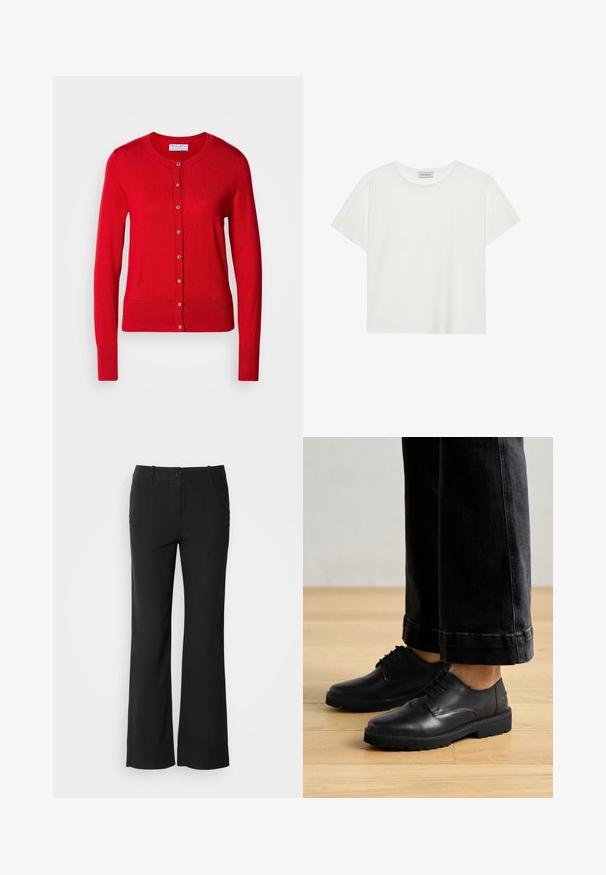 Punainen neulekortti, jossa on pyöreä kaula-aukko, napitus edessä ja ribbireunat. Ominaisuuksiin kuuluu sileä pinta ja metalliset napit.; Valkoinen lyhythihainen T-paita, joka on valmistettu pehmeästä puuvillasta. Siinä on pyöreä kaula-aukko ja rento istuvuus. Siisti muotoilu ilman näkyviä kuvioita tai yksityiskohtia.; Mustat puuvillasekoitetekstiilit, jossa on suora lahje, etunappi kiinnitys ja kaksi sivutaskua. Sileä rakenne, ei näkyviä kuvioita.; Musta nahkakengät, joissa on nauhakiinnitys, sileä pinta, pyöreä kärki ja paksu kumipohja, yhdistettynä lyhennettyihin tummiin farkkuihin.