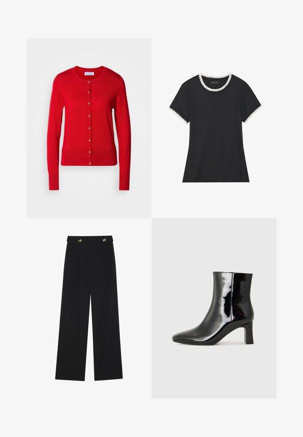 Rød strikket cardigan med rund hals, knappelukking foran og ribbestrikkede mansjetter. Har en jevn tekstur og metalliske knappdetaljer.; Svart t-skjorte med rillete tekstur, rund hals med hvit bølget kant, og kortermede ermer med matchende bølgete detaljer.; Svart vide bukser med høy midje, knappdetaljer på midjebåndet og frontplisser.; Sorte patentlær ankle boot med spiss tå og en mellomhøy blokkhelt. Glatt tekstur og minimalistisk design.