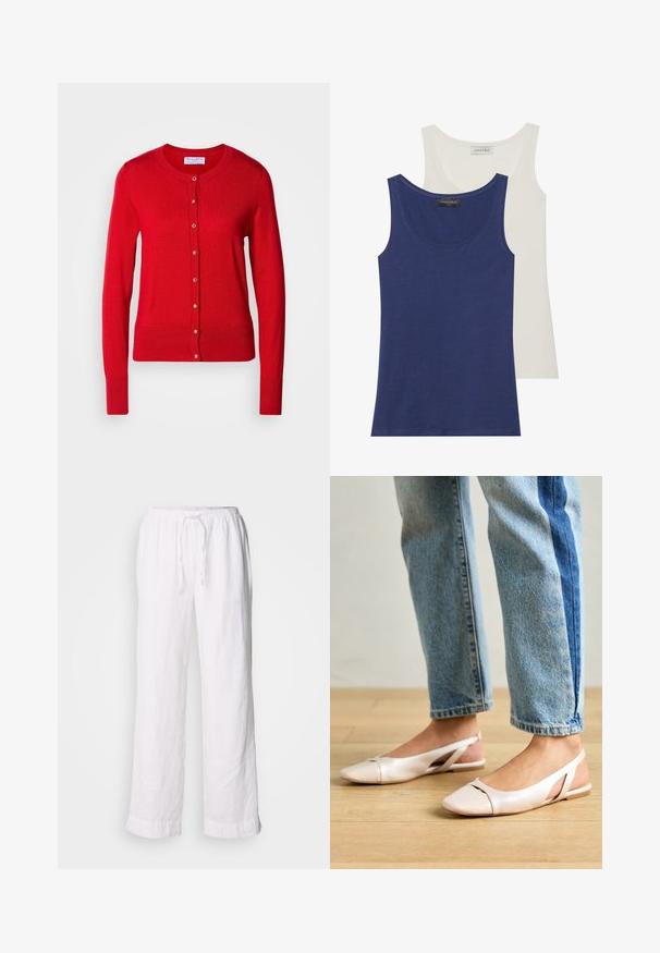 Rød strikket cardigan med rund hals, knappelukking foran og ribbestrikkede mansjetter. Har en jevn tekstur og metalliske knappdetaljer.; To tank topper: en marineblå og en off-white. Begge har rund hals, myk tekstur og et enkelt design. Merkeetikett synlig på toppen.; Hvite linbukser med en avslappet passform, elastisk midje og snor. Har rette ben og rullede kanter for et uformelt utseende.; Lys rosa slingback leiligheter med spiss tå, laget av et glatt, læraktig materiale. Har utskjæringer på sidene og lav hæl.