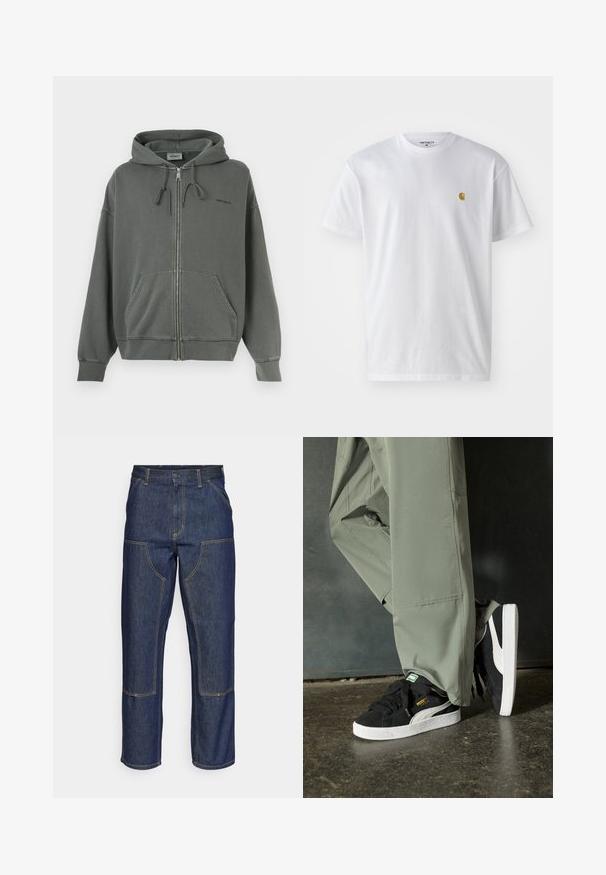 Sweatshirt cinzento com fecho e feito de uma mistura de algodão suave, apresentando um capuz com cordão, bolsos frontais e punhos canelados. Logótipo da marca no peito.; T-shirt branca de algodão com mangas curtas, decote redondo, apresentando um pequeno logótipo dourado na área do peito esquerdo. Textura macia e ajuste regular.; Jeans de ganga escura com uma cintura alta, design de perna reta, costuras em contraste e bolsos de remendo na frente.; Sapatilhas de camurça pretas com solas de borracha branca e riscas laterais, combinadas com calças de carga verde claro, em pé sobre uma superfície escura e texturizada.