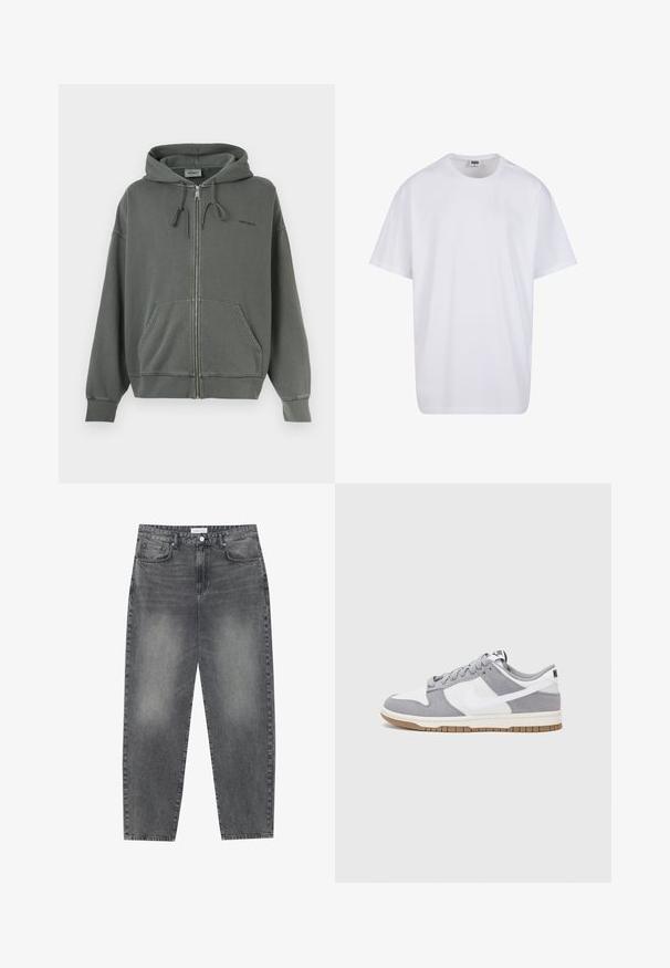 Hoodie zippé gris en mélange de coton doux, avec une capuche à cordon, poches avant et poignets côtelés. Logo de la marque sur la poitrine.; T-shirt en coton blanc avec des manches courtes, un col rond, une coupe décontractée et sans logos ni motifs visibles. Texture lisse et design minimaliste.; Jean taille haute, décontracté en denim noir délavé. Comprend cinq poches, des passants de ceinture et un design de jambe droite épurée.; Baskets grises et blanches avec un dessus en suède et cuir, bout rond, lacets plats et semelle en caoutchouc avec une touche de gomme.