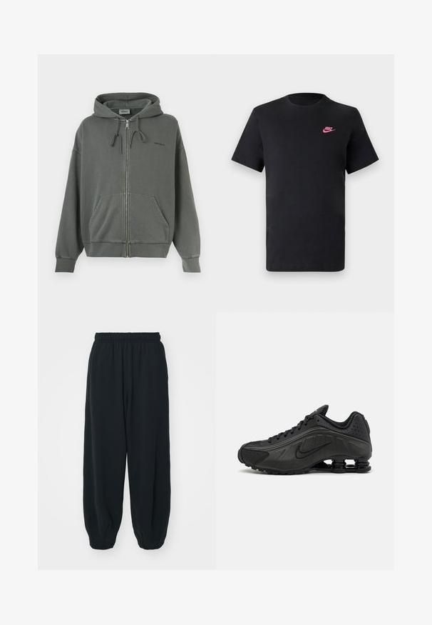 Pelēka rāvējslēdzēja kapuce, izgatavota no maiga kokvilnas maisījuma, ar pielāgojamu kapuci, priekšējiem kabatām un ribotām piedurknēm. Zīmola logo uz krūtīm.; Melnas kokvilnas T-krekls ar apaļu kaklu un īsām piedurknēm. Uz augšējās kreisās puses ir rozā Nike logo. Gluda tekstūra.; Melnas sporta bikses ar elastīgu jostasvietu, brīvu piegriezumu, aprocēm ap potītēm, gludu tekstūru, un bez redzamām rakstu vai aparatūras akcentiem.; Melnas skriešanas ķepas ar gludu sintētisku virsu, perforētiem akcentiem, teksturētām sānu daļām un izteiksmīgu atsperīgu zoli.
