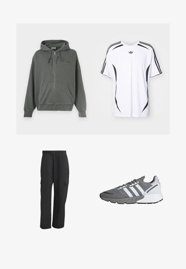 Felpa grigia con zip realizzata in morbido misto cotone, dotata di cappuccio con coulisse, tasche frontali e polsini a coste. Logo del marchio sul petto.; T-shirt bianco a maniche corte con dettagli neri ai lati e tre strisce nere sulle spalle. Include un piccolo logo nero sul petto.; Pantaloni cargo neri con elastico in vita, dotati di tasche laterali, vestibilità larga e tessuto a trama. Progettati per comfort e utilità.; Scarpa sportiva grigia e bianca con tomaia in rete, tre strisce bianche, suola imbottita e suola esterna in gomma grigia texturizzata.