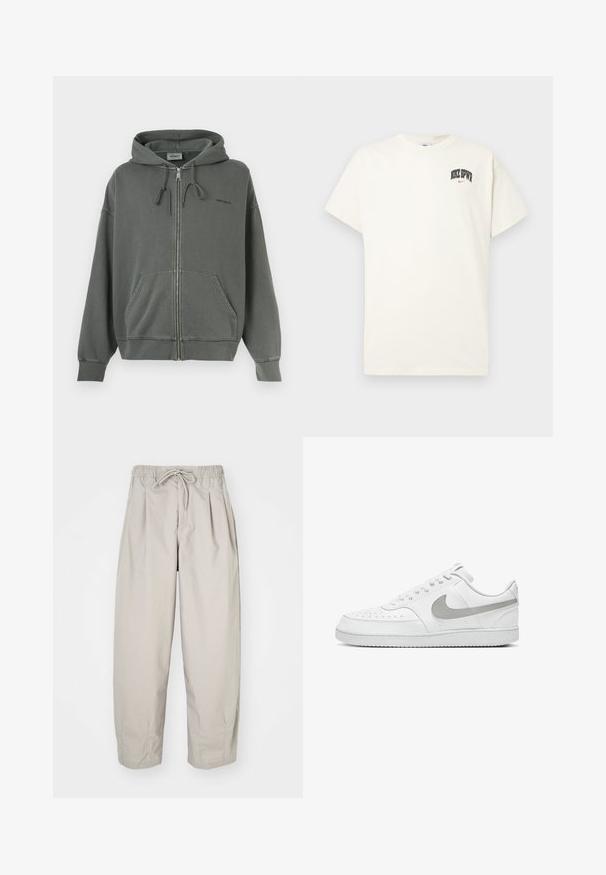 Felpa grigia con zip realizzata in morbido misto cotone, dotata di cappuccio con coulisse, tasche frontali e polsini a coste. Logo del marchio sul petto.; T-shirt in cotone color crema con maniche corte, con la scritta "NIKE SB" in nero e rosso sul petto. Collo tondo standard.; Pantaloni beige leggeri con vita elastica e coulisse. Presentano delle pieghe e una vestibilità ampia, realizzati in tessuto morbido e liscio.; Nike Sportswear COURT VISION NEXT NATURE - Sneakers basse - weiss grau